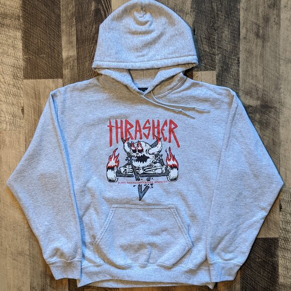 Thrasher Fleece Hoodie Gray Pullover Medium Sweatshirt - Picture 1 of 7
